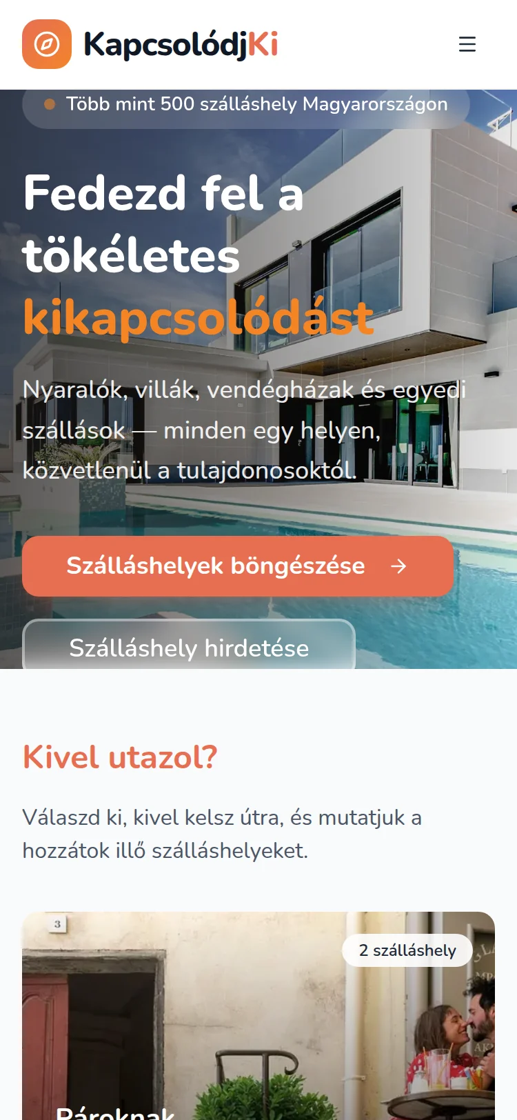 A kapcsolodjki.hu nyitóoldala mobilnézetben.
